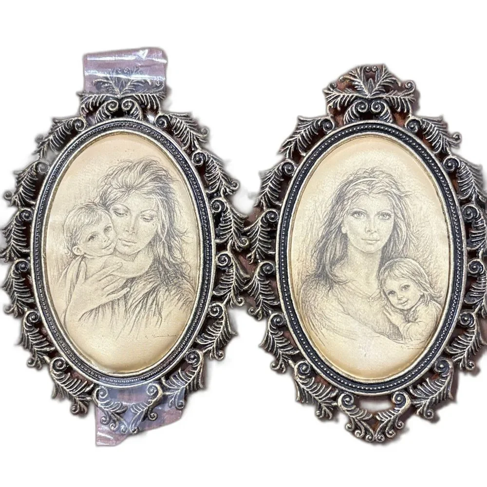 Satin Framed Picture Mother Child Giuseppe Tarantino Brass Oval SET Italy